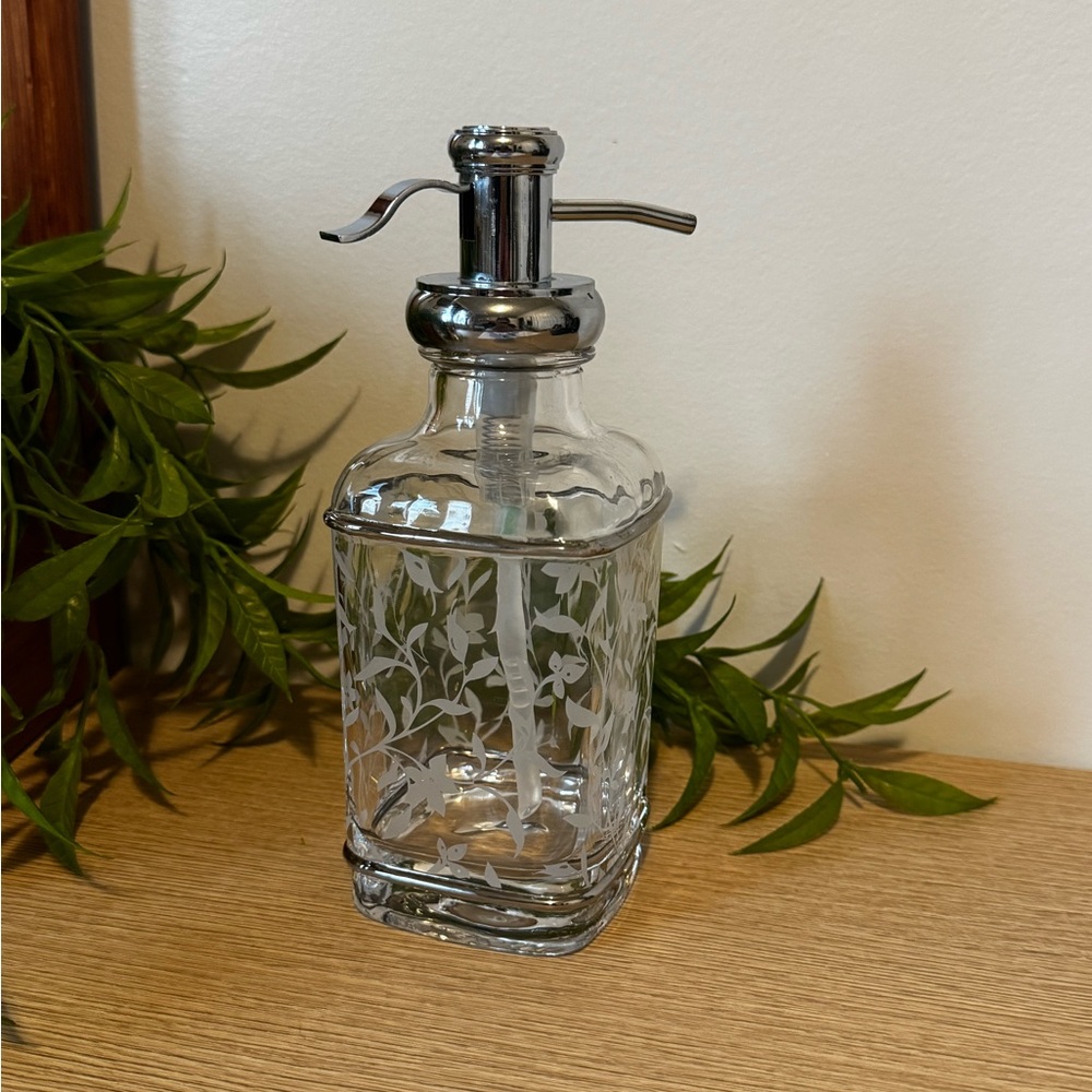 Elegant Clear Glass with Etched Flowers Soap Dispenser